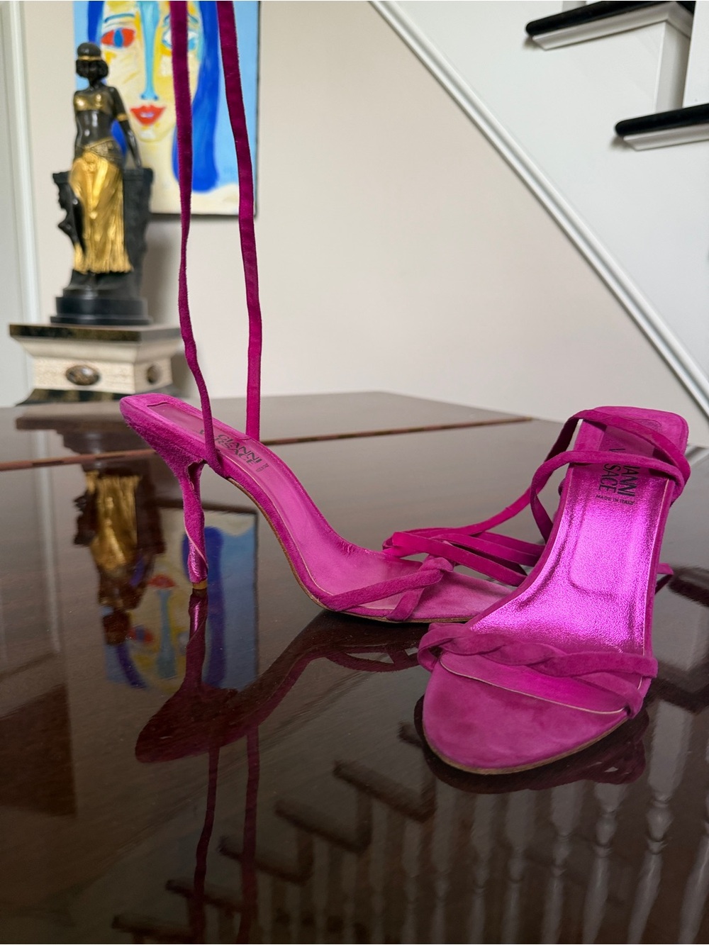 Versace Pink Suede Ankle Wrap Strappy Heels